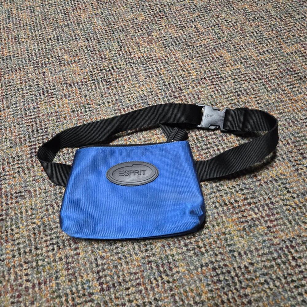 Vtg 90s ESPIRIT Rubber Logo Patch Metallic Belted Zip Pouch Blue